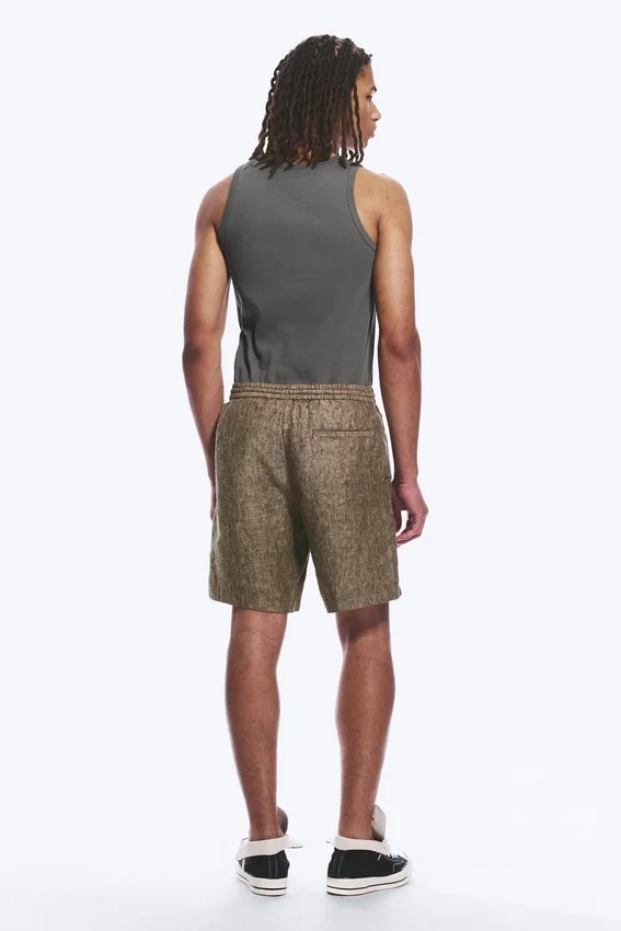Pantalones cortos de lino de corte holgado con cordón – Marrón oscuro jaspeado Pantalones cortos de lino de corte holgado con cordón – Marrón oscuro jaspeado