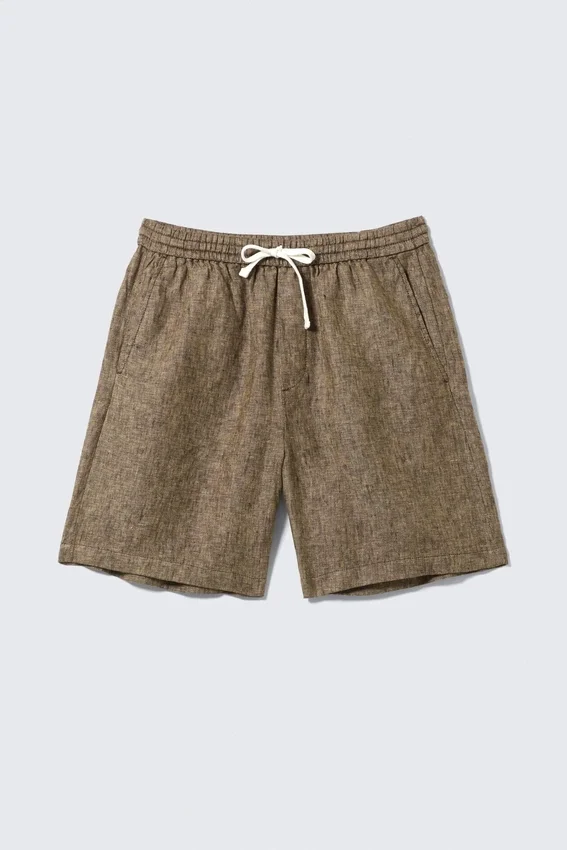 Pantalones cortos de lino de corte holgado con cordón – Marrón oscuro jaspeado Pantalones cortos de lino de corte holgado con cordón – Marrón oscuro jaspeado
