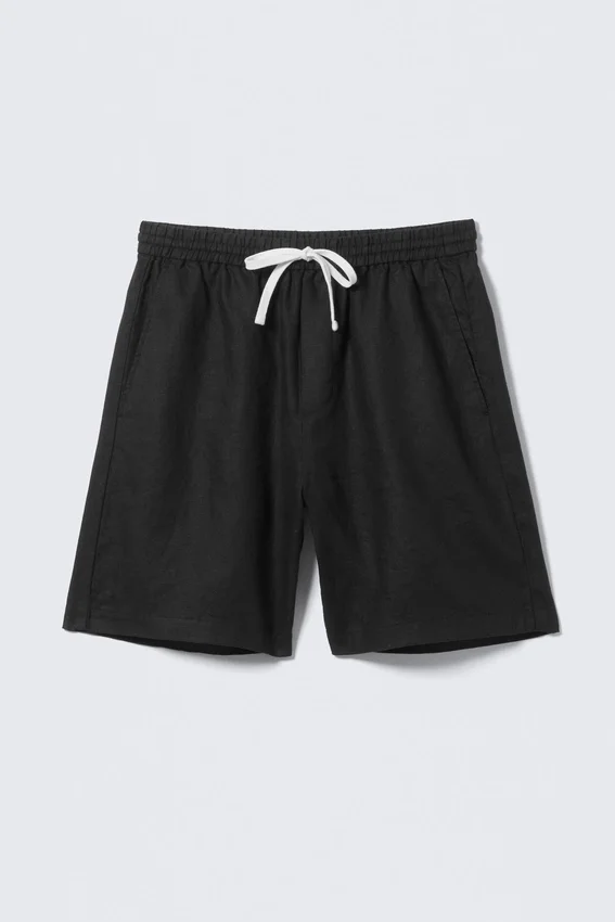 Pantalones cortos de lino holgados con cordón – Negro Pantalones cortos de lino holgados con cordón – Negro