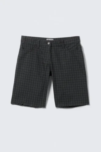 Pantalones cortos de sarga de algodón a cuadros hasta la rodilla – Gris oscuro a cuadros
