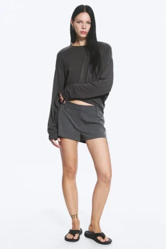 Pantalones cortos de traje de cintura baja – Gris oscuro jaspeado