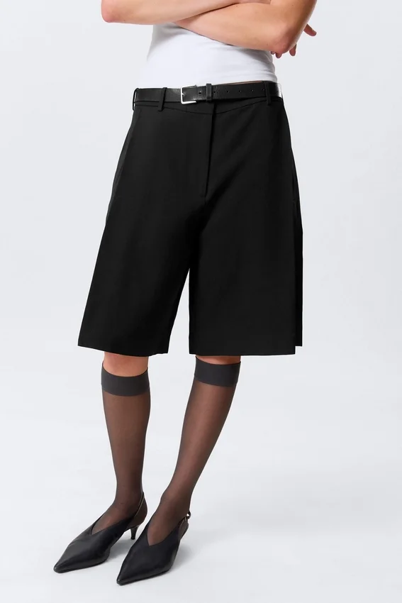 Pantalones cortos de traje de mezcla de lino de talle bajo – Negro Pantalones cortos de traje de mezcla de lino de talle bajo – Negro