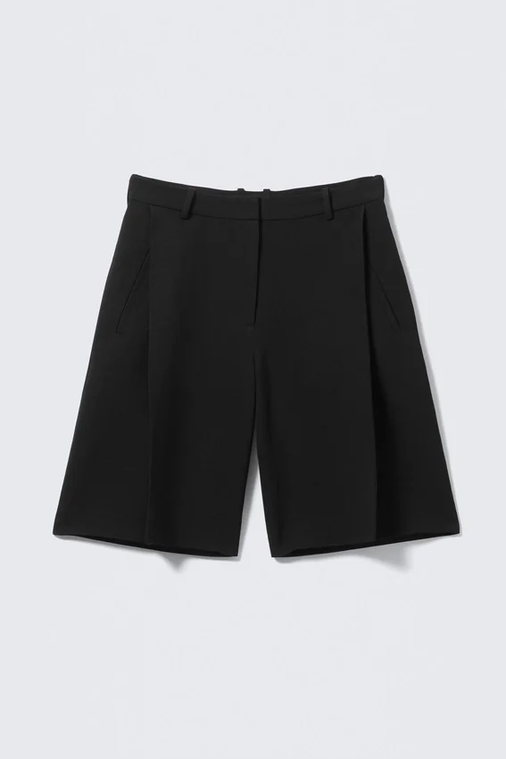 Pantalones cortos de traje de mezcla de lino de talle bajo – Negro Pantalones cortos de traje de mezcla de lino de talle bajo – Negro