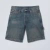 Pantalones cortos vaqueros de corte bajo estilo carpintero – Azul acero Pantalones cortos vaqueros de corte bajo estilo carpintero – Azul acero