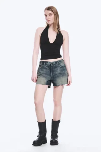Pantalones cortos vaqueros mini de talle bajo con efecto desgastado Duchess – Azul Báltico – Azul oscuro