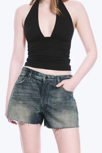 Pantalones cortos vaqueros mini de talle bajo con efecto desgastado Duchess – Azul Báltico – Azul oscuro