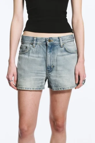 Pantalones cortos vaqueros mini de talle bajo con efecto desgastado Duchess – Azul puerto – Azul claro