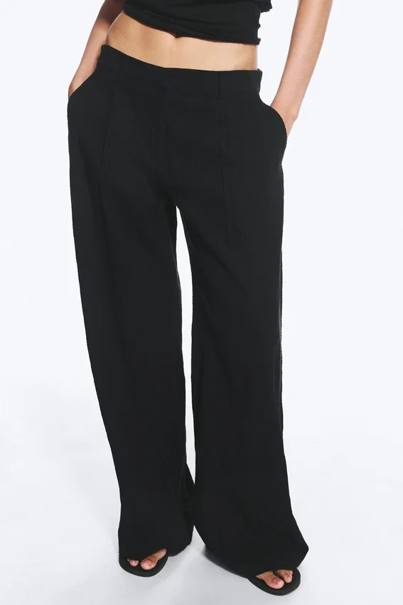 Pantalones de algodón arrugado – Negro Pantalones de algodón arrugado – Negro