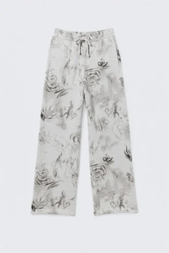 Pantalones de chándal de algodón de corte holgado – Gris jaspeado – Estampado de garabatos