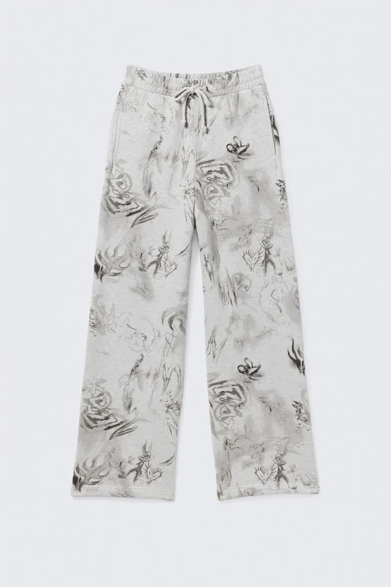 Pantalones de chándal de algodón de corte holgado – Gris jaspeado – Estampado de garabatos Pantalones de chándal de algodón de corte holgado – Gris jaspeado – Estampado de garabatos