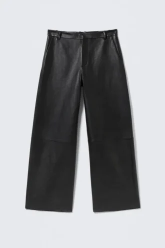 Pantalones de cuero de talle bajo y pierna ancha – Negro