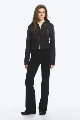 Pantalones de jersey de talle bajo y corte acampanado – Negro