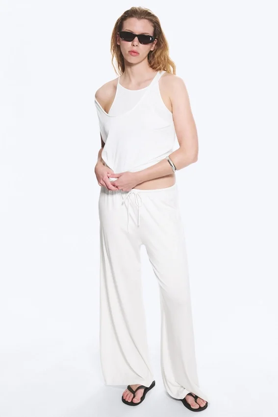 Pantalones de lyocell de talle medio, corte holgado y pierna ancha – Blanco Pantalones de lyocell de talle medio, corte holgado y pierna ancha – Blanco