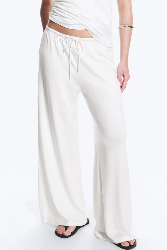 Pantalones de lyocell de talle medio, corte holgado y pierna ancha – Blanco Pantalones de lyocell de talle medio, corte holgado y pierna ancha – Blanco