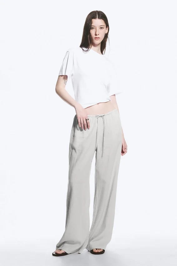 Pantalones de mezcla de lino de talle bajo – Gris claro Pantalones de mezcla de lino de talle bajo – Gris claro