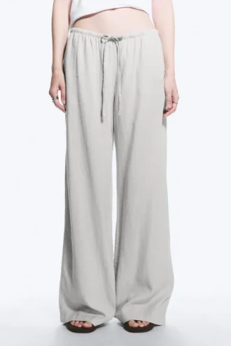 Pantalones de mezcla de lino de talle bajo – Gris claro