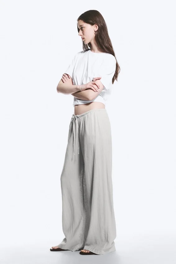 Pantalones de mezcla de lino de talle bajo – Gris claro Pantalones de mezcla de lino de talle bajo – Gris claro