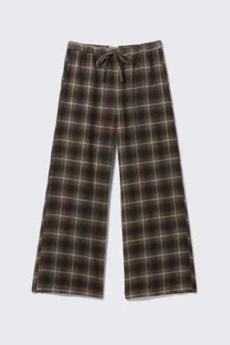 Pantalones de pijama anchos de franela – A cuadros marrón oscuro