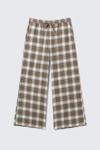 Pantalones de pijama anchos de franela – Beige a cuadros