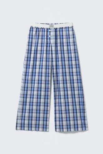 Pantalones de sarga de algodón de pierna ancha – Cuadros azules