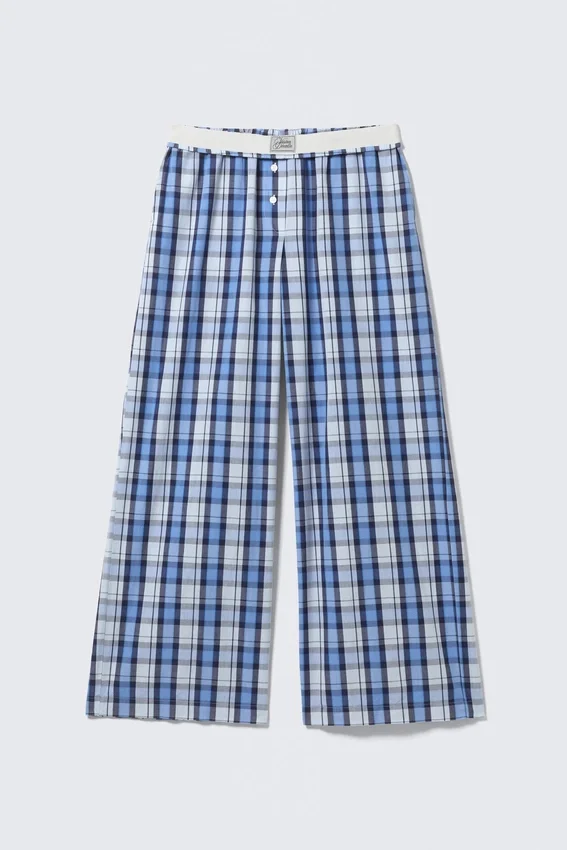 Pantalones de sarga de algodón de pierna ancha – Cuadros azules Pantalones de sarga de algodón de pierna ancha – Cuadros azules