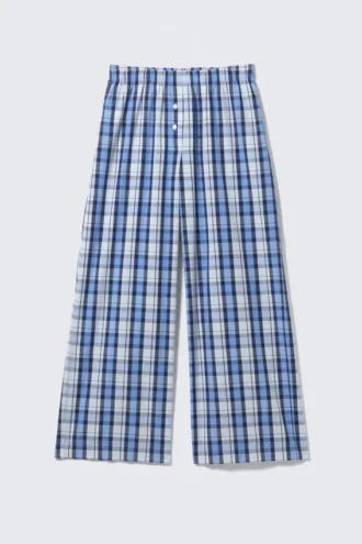 Pantalones de sarga de algodón de pierna ancha – Cuadros azules