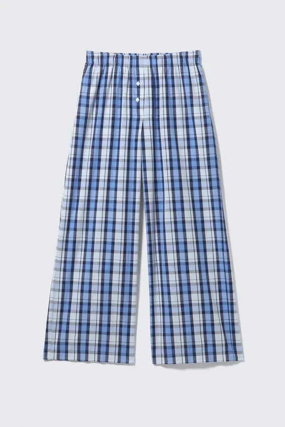Pantalones de sarga de algodón de pierna ancha – Cuadros azules Pantalones de sarga de algodón de pierna ancha – Cuadros azules