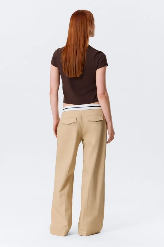 Pantalones de sarga de talle bajo con cintura doblada – Beige Pantalones de sarga de talle bajo con cintura doblada – Beige