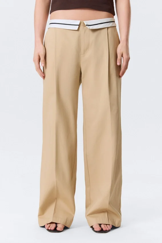 Pantalones de sarga de talle bajo con cintura doblada – Beige Pantalones de sarga de talle bajo con cintura doblada – Beige