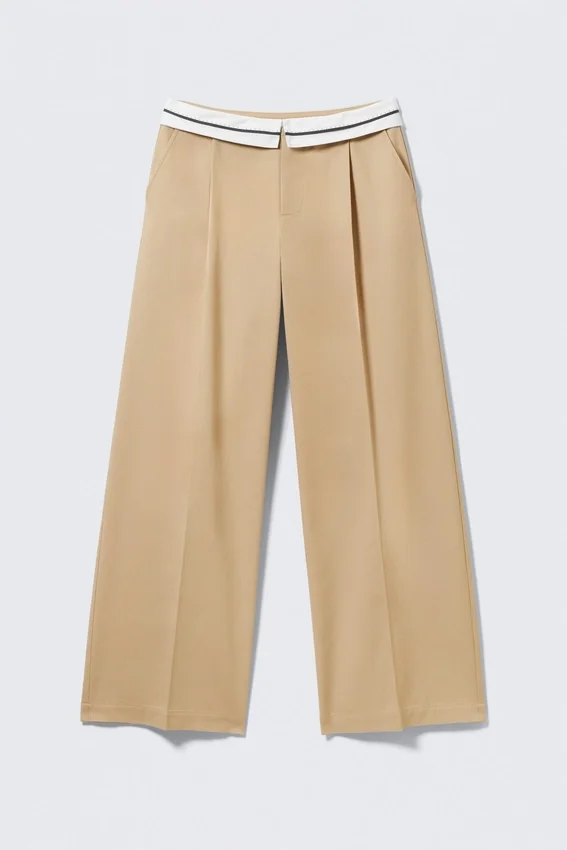 Pantalones de sarga de talle bajo con cintura doblada – Beige Pantalones de sarga de talle bajo con cintura doblada – Beige