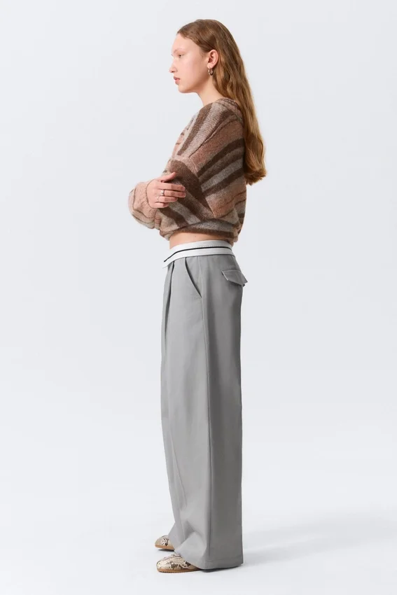 Pantalones de sarga de talle bajo con cintura plegada – Gris Pantalones de sarga de talle bajo con cintura plegada – Gris