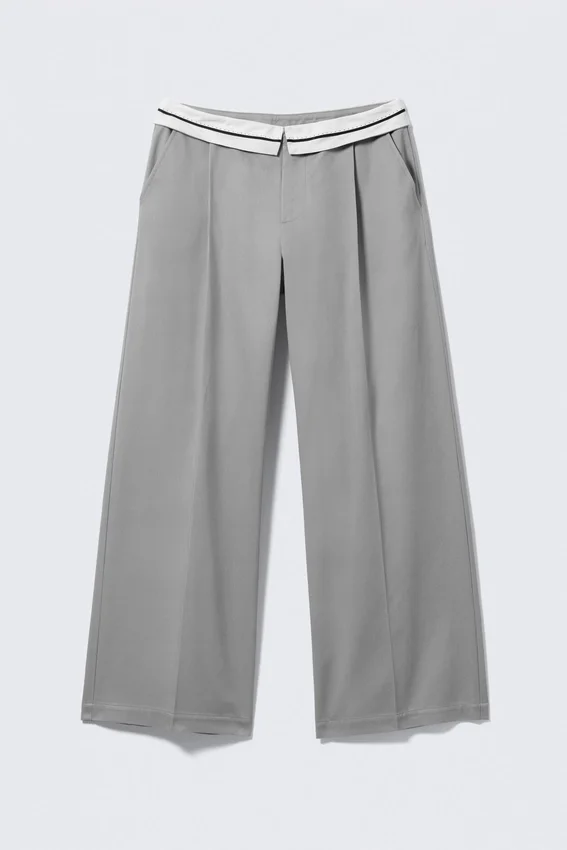 Pantalones de sarga de talle bajo con cintura plegada – Gris Pantalones de sarga de talle bajo con cintura plegada – Gris
