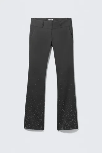 Pantalones de satén con cremallera en el bajo y pedrería, de talle bajo – Gris oscuro – Pedrería