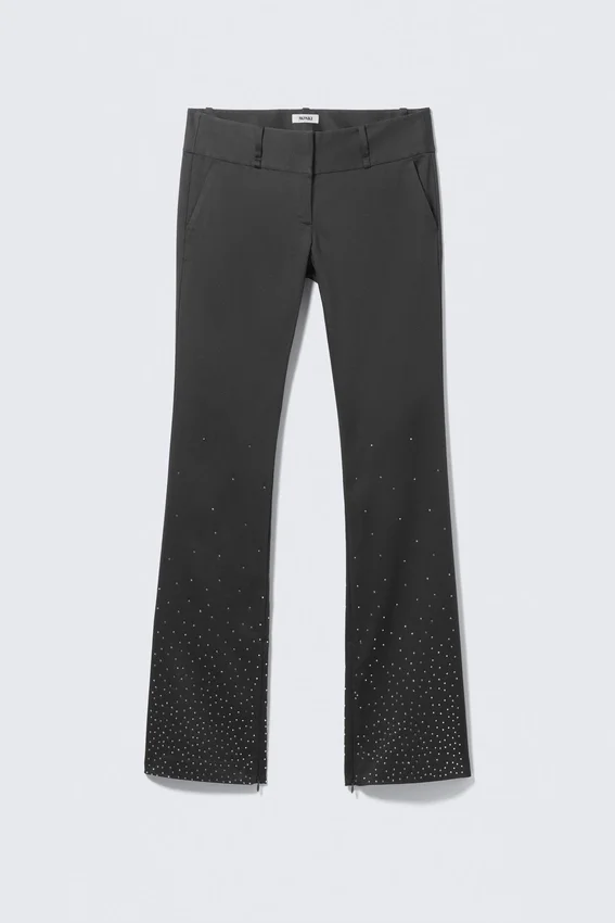 Pantalones de satén con cremallera en el bajo y pedrería, de talle bajo – Gris oscuro – Pedrería Pantalones de satén con cremallera en el bajo y pedrería, de talle bajo – Gris oscuro – Pedrería