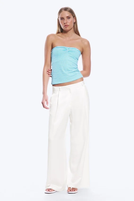 Pantalones de satén de cintura alta y pierna ancha – Blanco Pantalones de satén de cintura alta y pierna ancha – Blanco