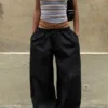Pantalones de talle bajo con fruncidos y cordón – Negro Pantalones de talle bajo con fruncidos y cordón – Negro