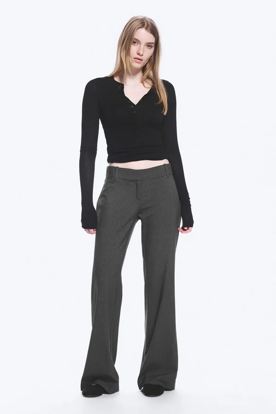 Pantalones de traje acampanados de talle bajo – Gris oscuro jaspeado Pantalones de traje acampanados de talle bajo – Gris oscuro jaspeado