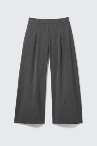 Pantalones de traje anchos de cintura baja – Gris jaspeado a rayas