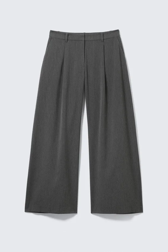 Pantalones de traje anchos de cintura baja – Gris jaspeado a rayas Pantalones de traje anchos de cintura baja – Gris jaspeado a rayas