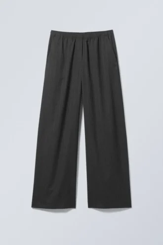 Pantalones de traje anchos sin cremallera – Gris oscuro jaspeado – Rayas finas