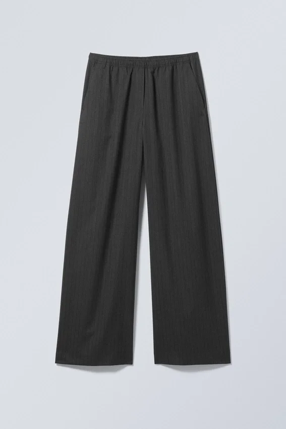 Pantalones de traje anchos sin cremallera – Gris oscuro jaspeado – Rayas finas Pantalones de traje anchos sin cremallera – Gris oscuro jaspeado – Rayas finas