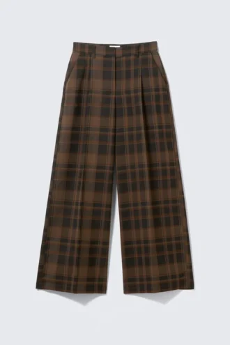 Pantalones de traje de cintura alta y pierna ancha – A cuadros marrones