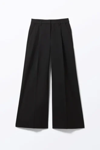 Pantalones de traje de cintura alta y pierna ancha con pliegues – Negro