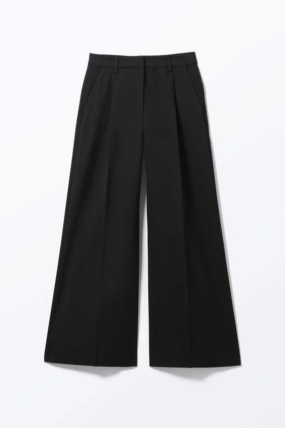 Pantalones de traje de cintura alta y pierna ancha con pliegues – Negro Pantalones de traje de cintura alta y pierna ancha con pliegues – Negro