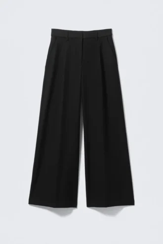Pantalones de traje de cintura alta y pierna ancha con pliegues – Negro
