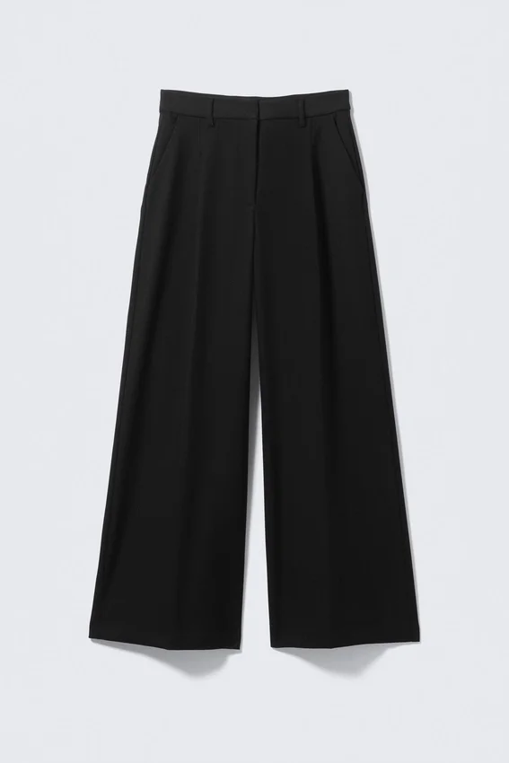 Pantalones de traje de cintura alta y pierna ancha con pliegues – Negro Pantalones de traje de cintura alta y pierna ancha con pliegues – Negro