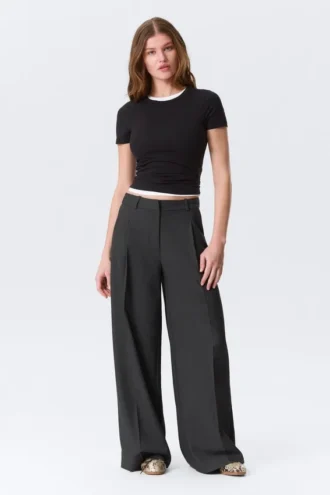 Pantalones de traje de cintura alta y pierna ancha – Gris oscuro jaspeado