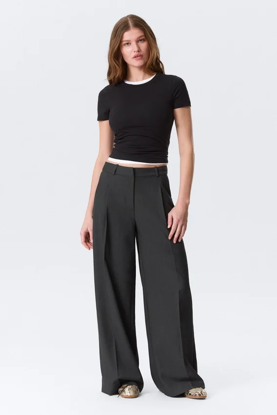 Pantalones de traje de cintura alta y pierna ancha – Gris oscuro jaspeado Pantalones de traje de cintura alta y pierna ancha – Gris oscuro jaspeado