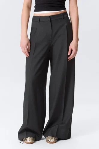 Pantalones de traje de cintura alta y pierna ancha – Gris oscuro jaspeado
