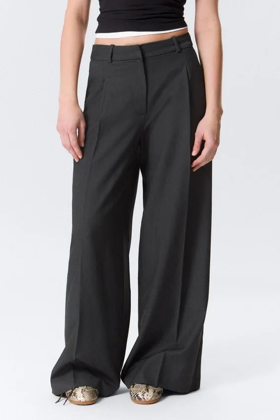 Pantalones de traje de cintura alta y pierna ancha – Gris oscuro jaspeado Pantalones de traje de cintura alta y pierna ancha – Gris oscuro jaspeado